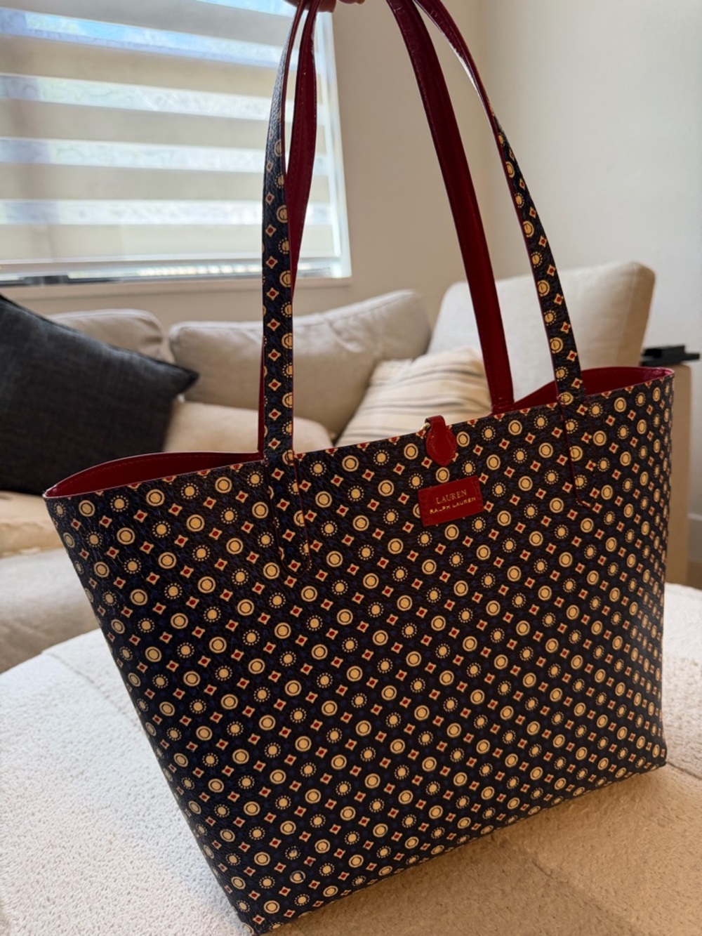 Lauren Ralph Lauren Navy Patterned Tote with Red Trim